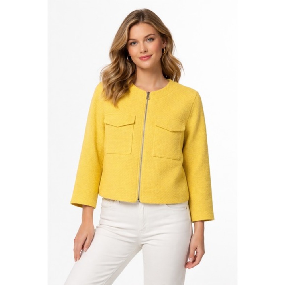 H&M Yellow Tweed Zip Up Jacket Textured‎ Blazer Pockets 8 Dopamine Preppy 89-16